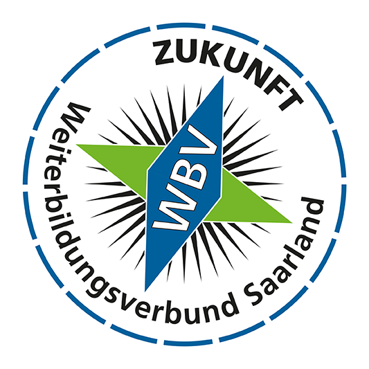 Das Logo des Weiterbildungsverbundes Saarland mit dem Schriftzug "Zukunft" und "Weiterbildungsverbund Saarland" mittig die Abkürzung "WBV"